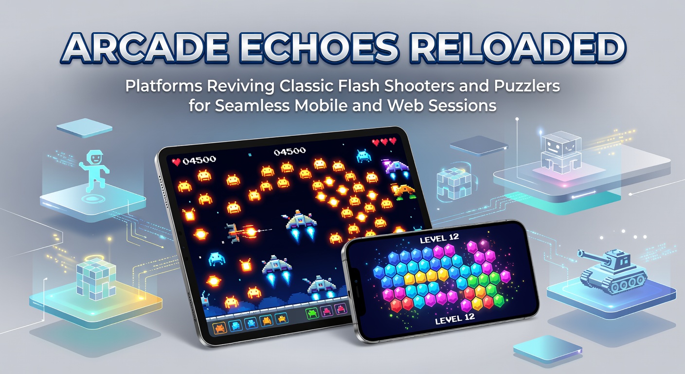 Vibrant screenshot of a classic Flash shooter game running smoothly on a modern mobile device, with retro pixel art bullets flying across the screen amid enemy waves