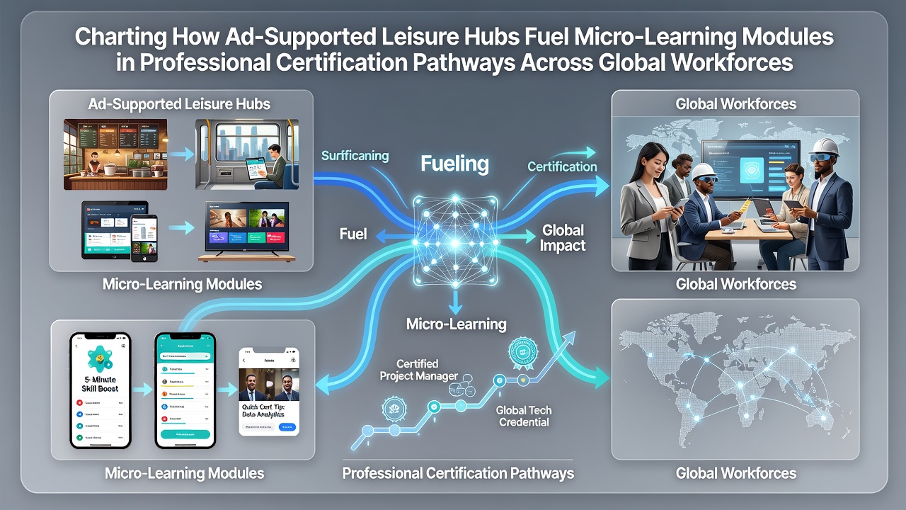 Ad-supported leisure hubs displaying micro-learning modules integrated into professional certification pathways for global workforces