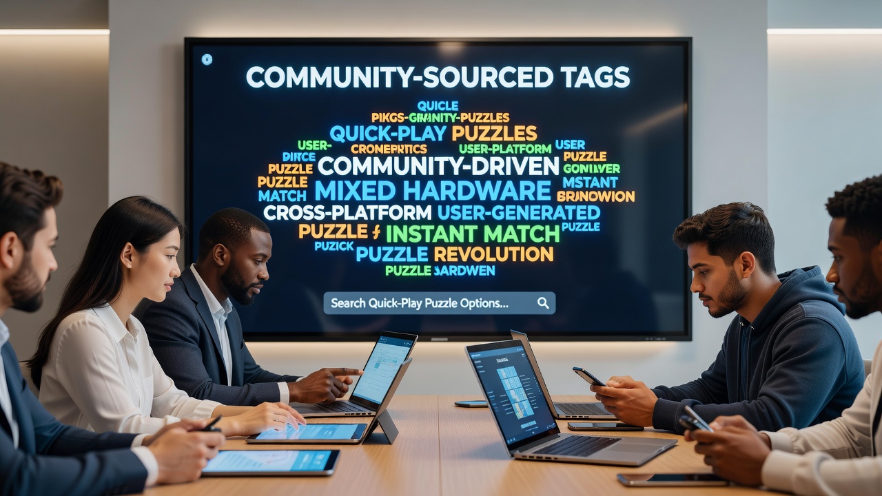 Community members tagging puzzle games for cross-device compatibility on a shared platform interface