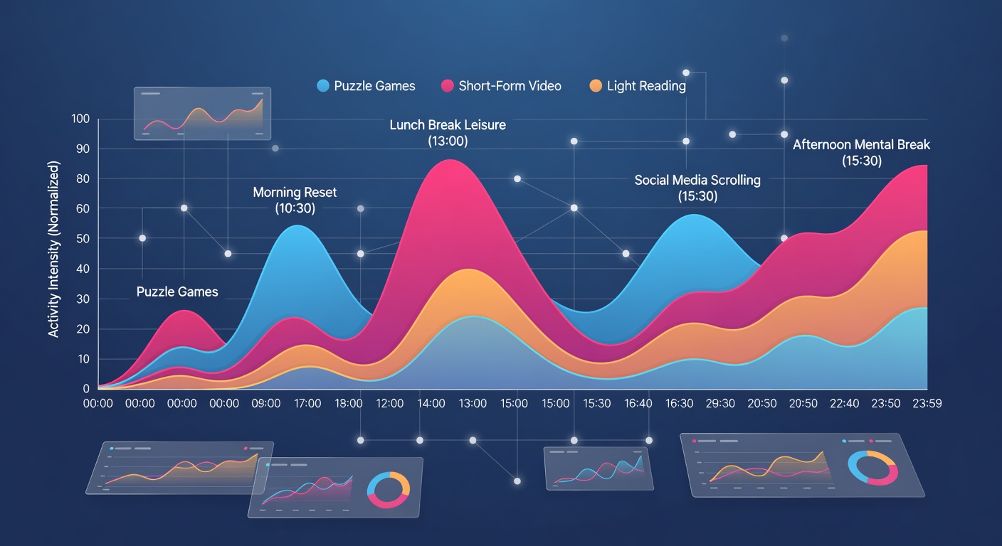 Analytics dashboard displaying hourly traffic spikes for browser leisure tools used by remote employees during work breaks