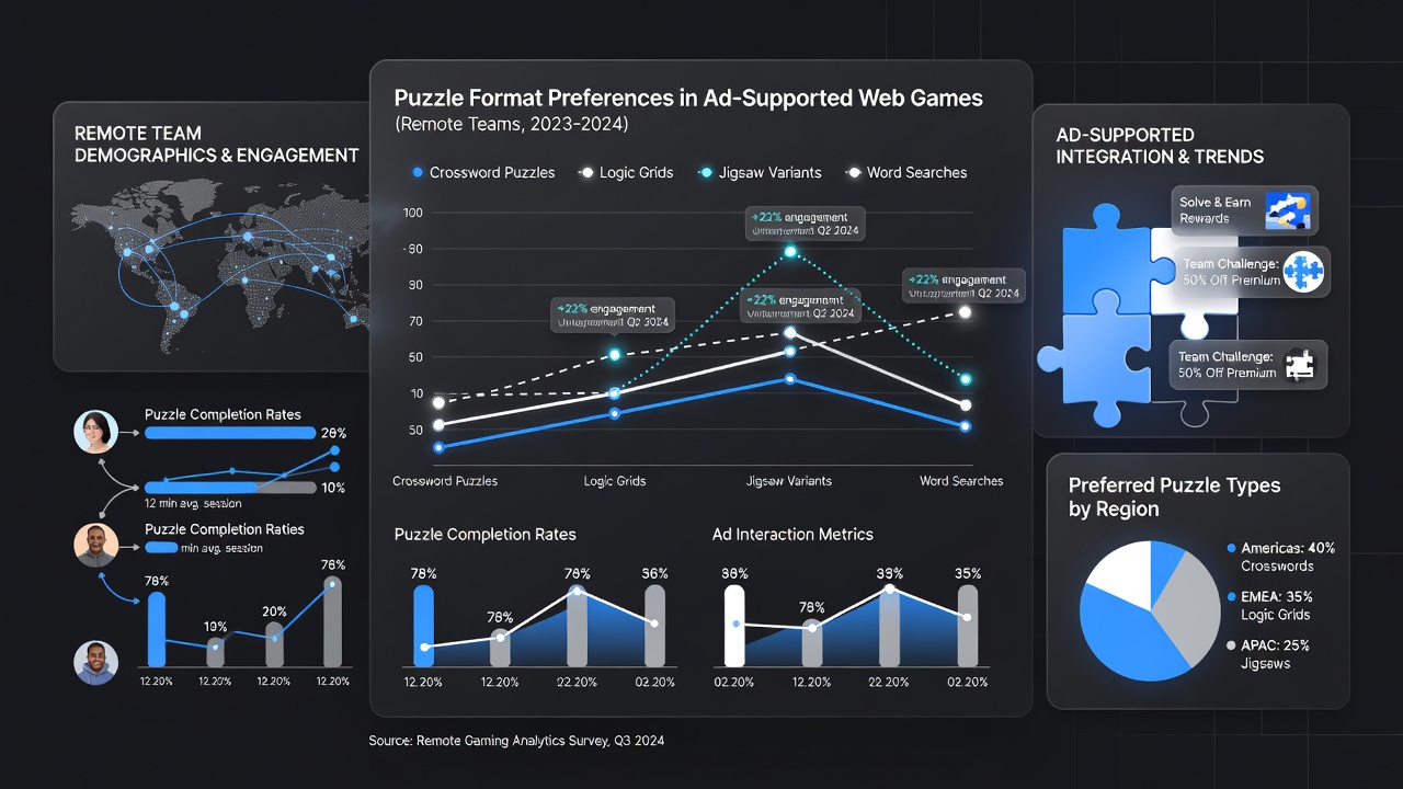 Analytics dashboard displaying usage patterns for puzzle games in browser environments during remote work hours