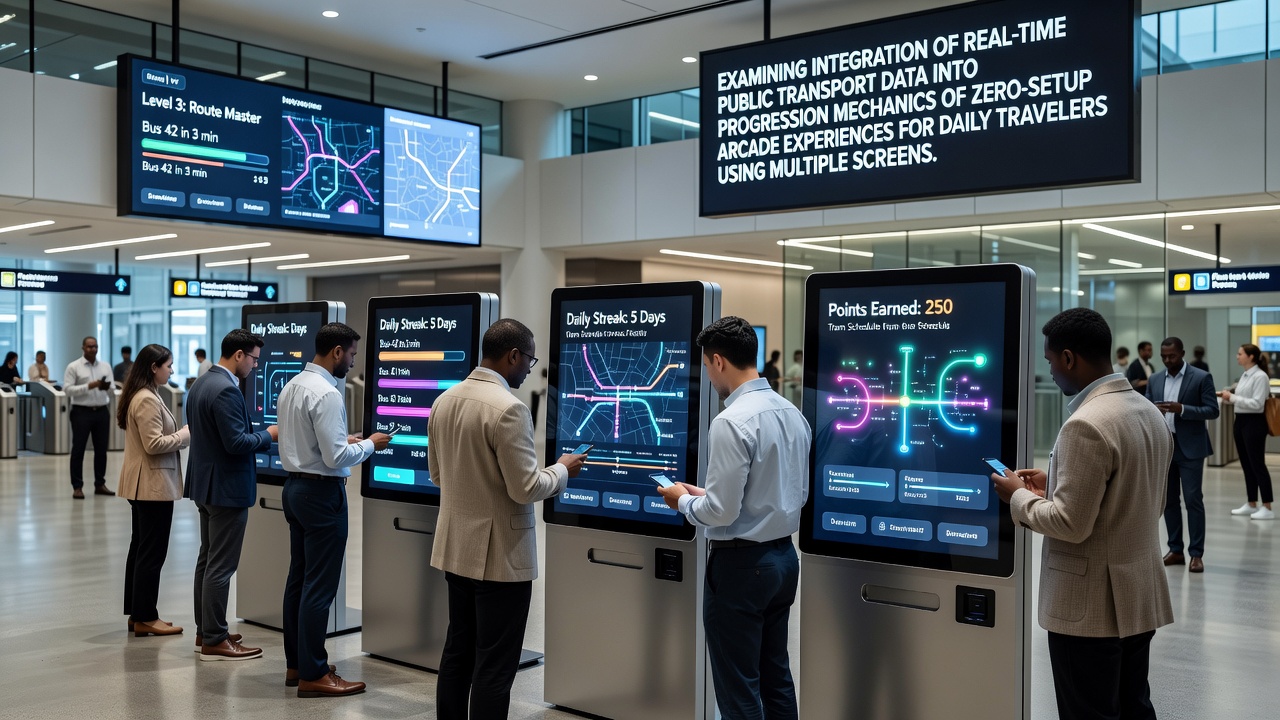 Daily commuters interacting with browser-based arcade games that pull live transit updates across phone and laptop screens