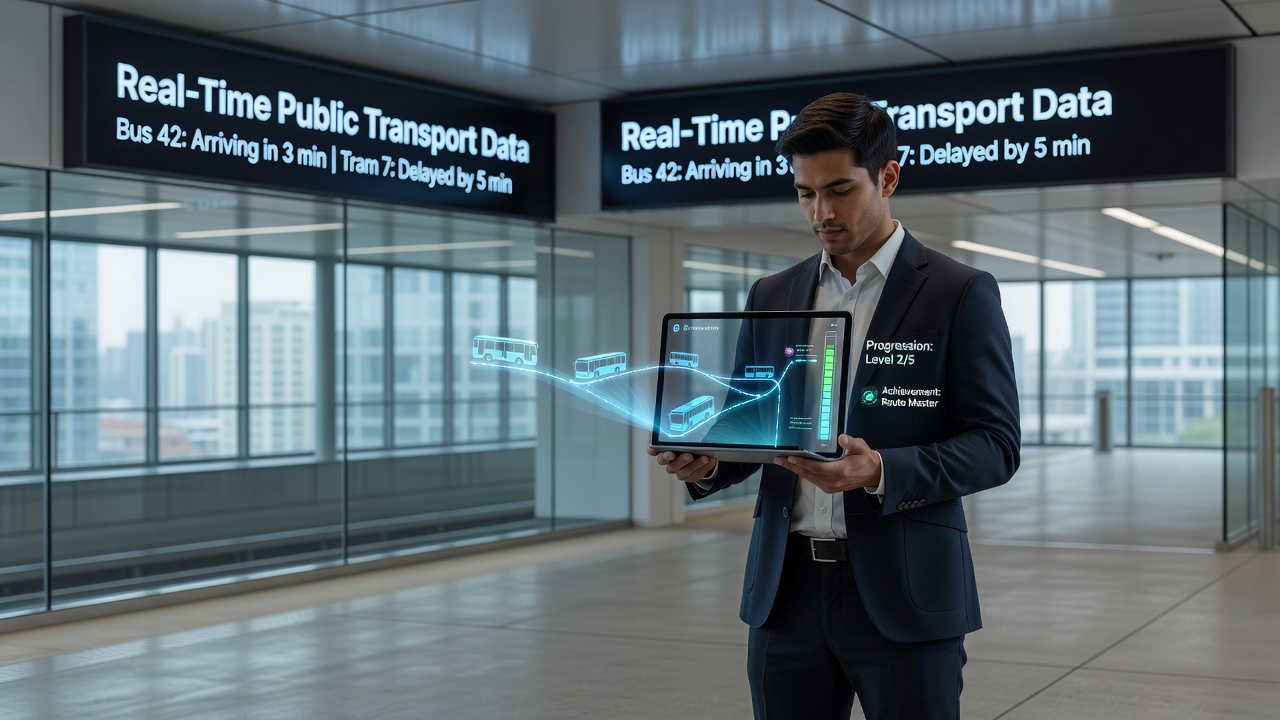 Multiple device screens displaying synchronized arcade gameplay influenced by live public transit information