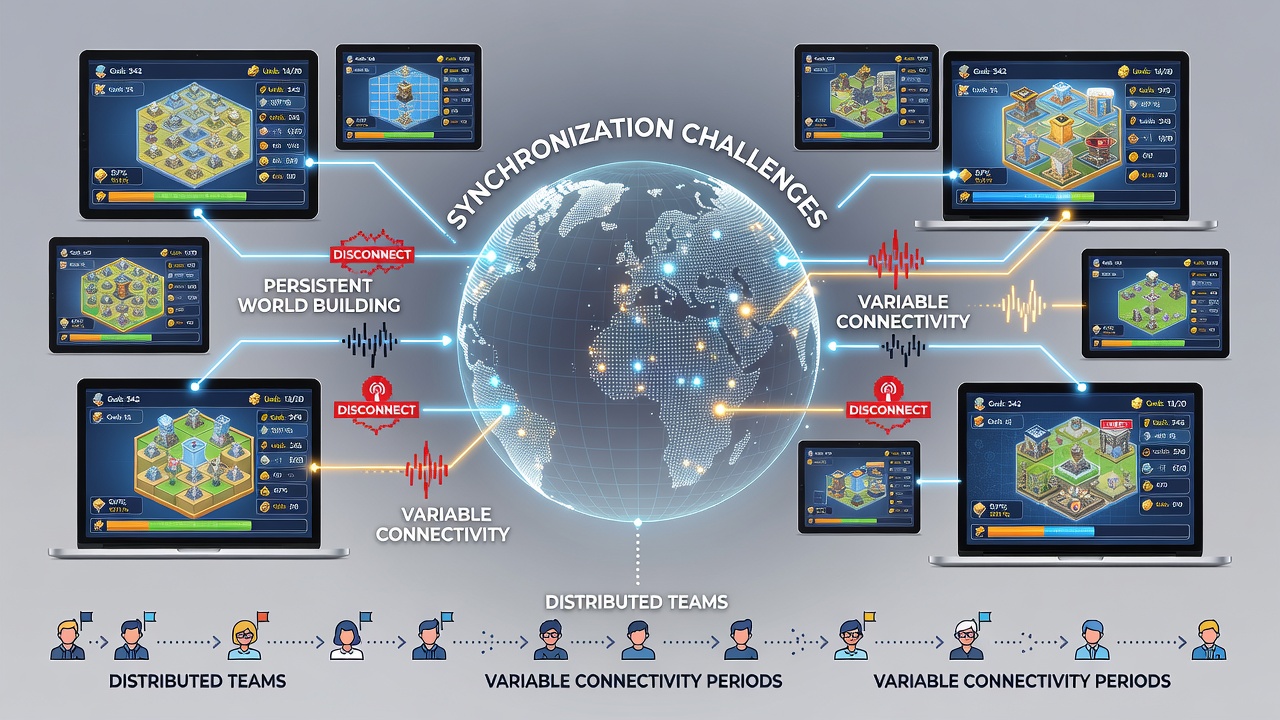 Distributed teams collaborating on browser strategy game interfaces during connectivity fluctuations