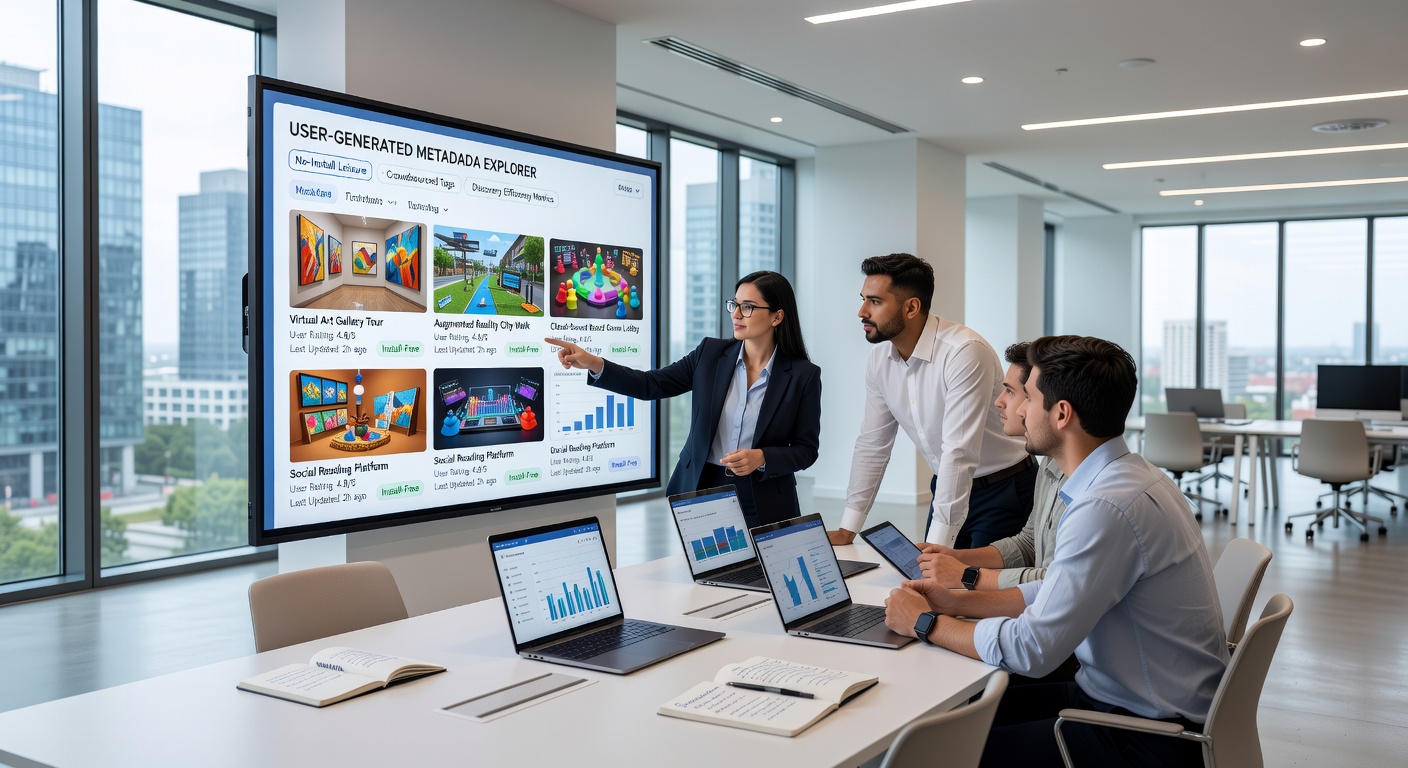 Users reviewing metadata entries for instant-play leisure activities on multiple device screens