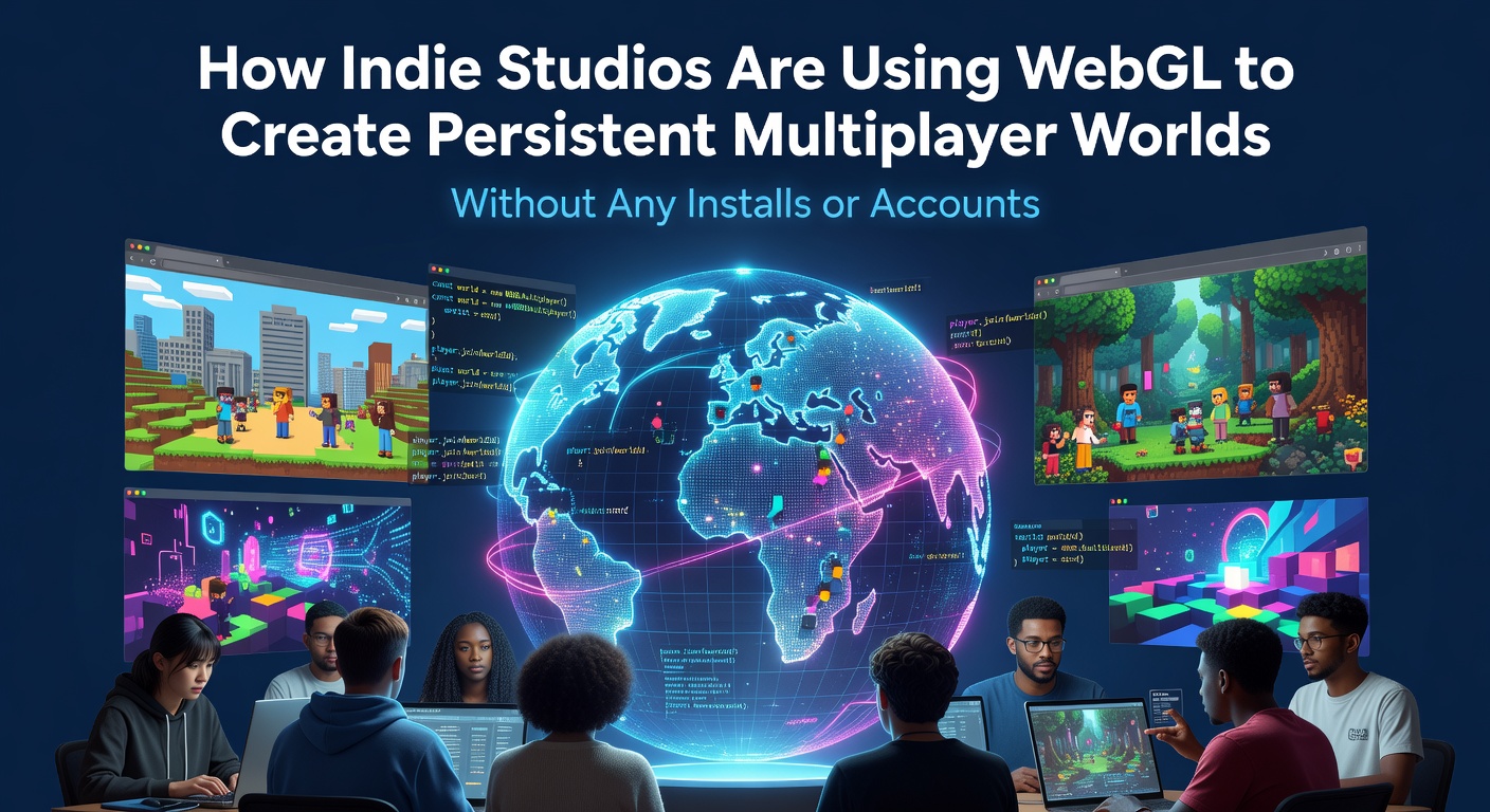 Indie developers collaborating on WebGL-based multiplayer game interfaces in a modern studio setting