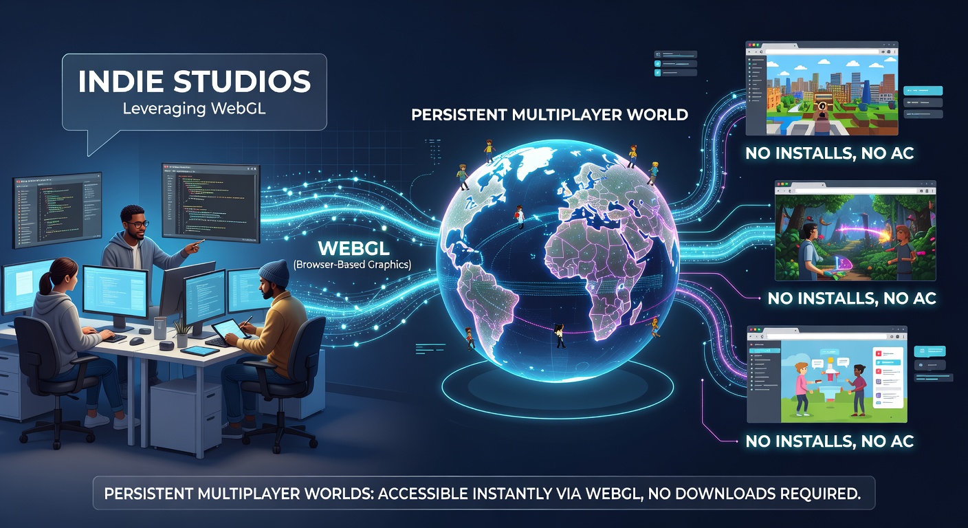 Browser window displaying an active persistent WebGL multiplayer world with multiple anonymous players interacting