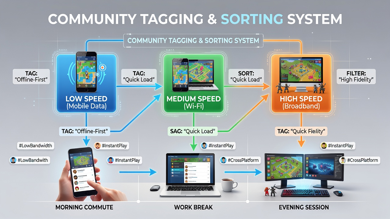 Player communities organizing strategy game tags for connection speeds on multiple devices