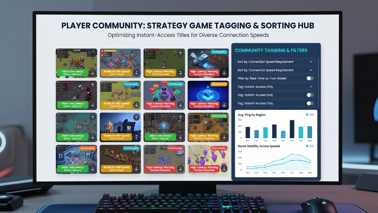 Community sorting interface displaying strategy games filtered by bandwidth and device compatibility