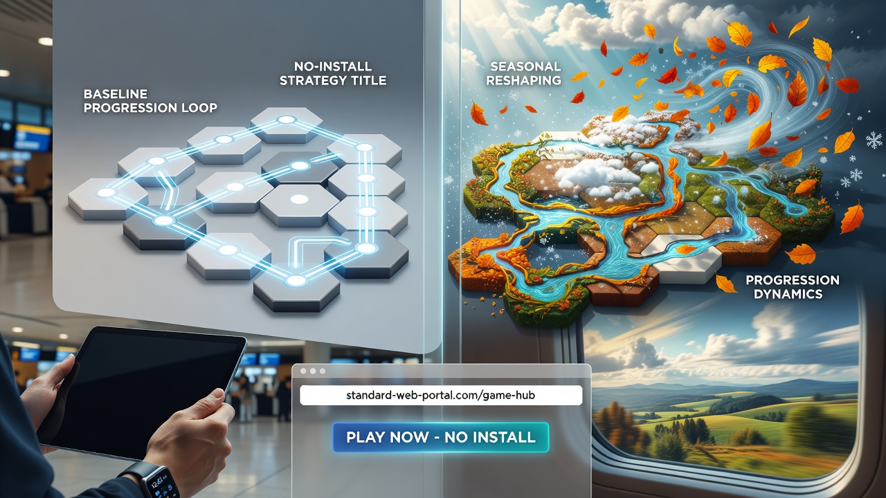 Browser-based strategy game interface showing weather-affected progression elements on a laptop during travel