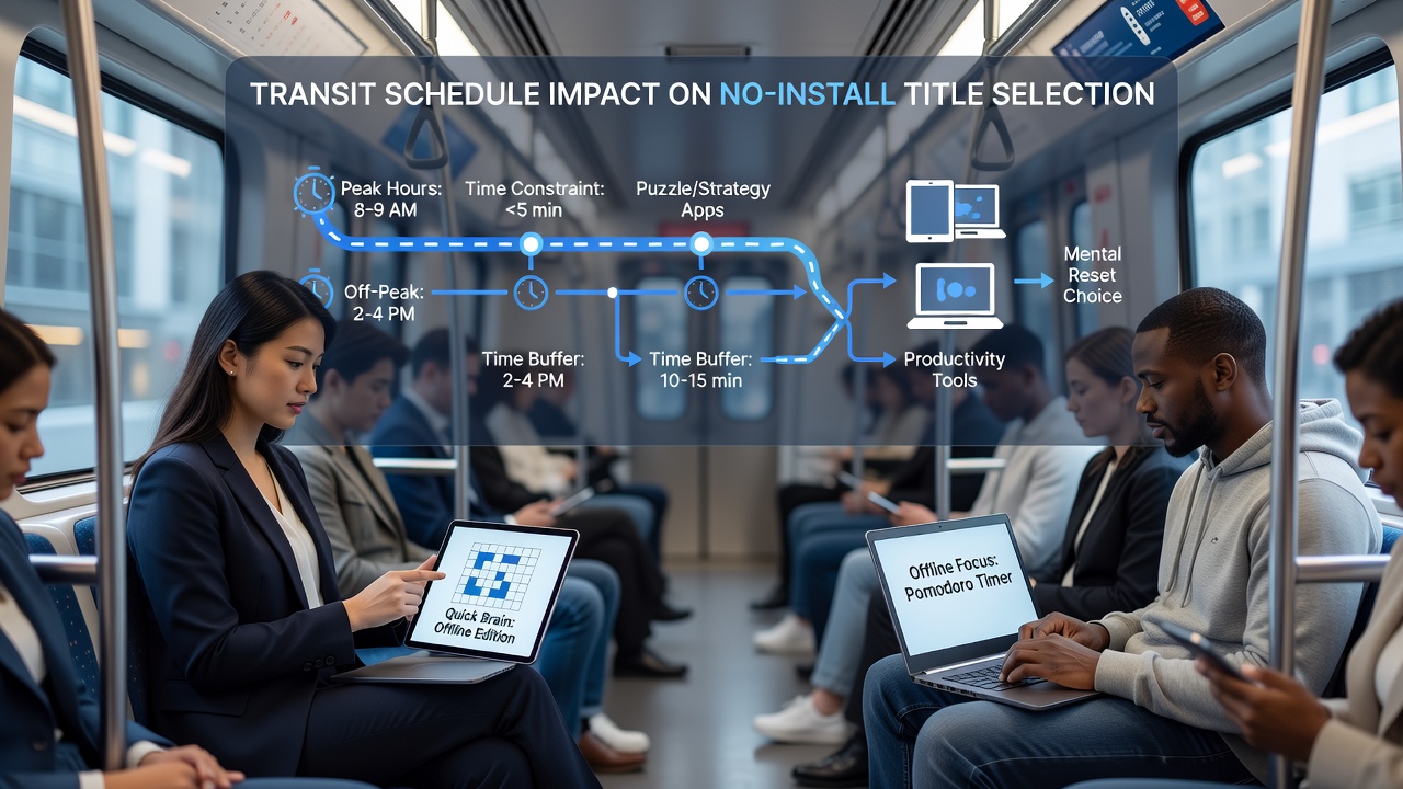 Commuters on public transit using tablets and laptops to access browser-based strategy games during short breaks