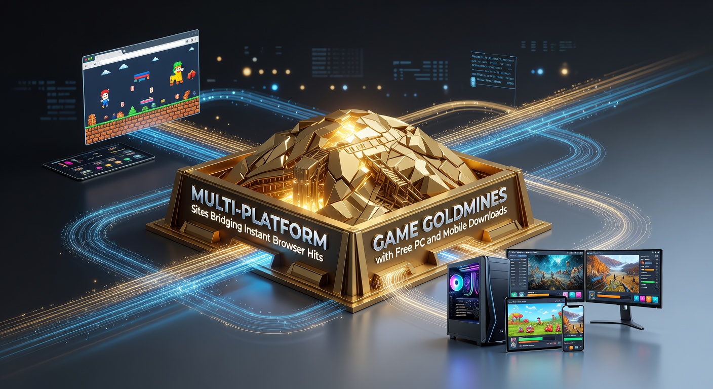 Vibrant screenshot of a gaming platform displaying browser-play buttons alongside PC and mobile download icons for seamless cross-device access