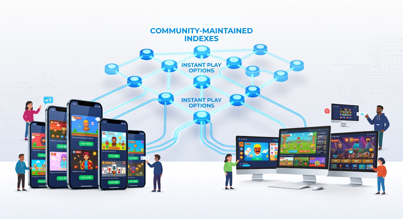Community-maintained game indexes displayed across multiple devices showing instant browser access