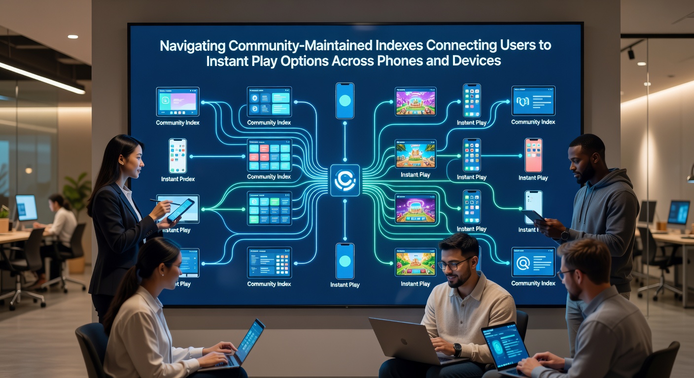 Users accessing indexed games on phone and desktop with community curation tools visible