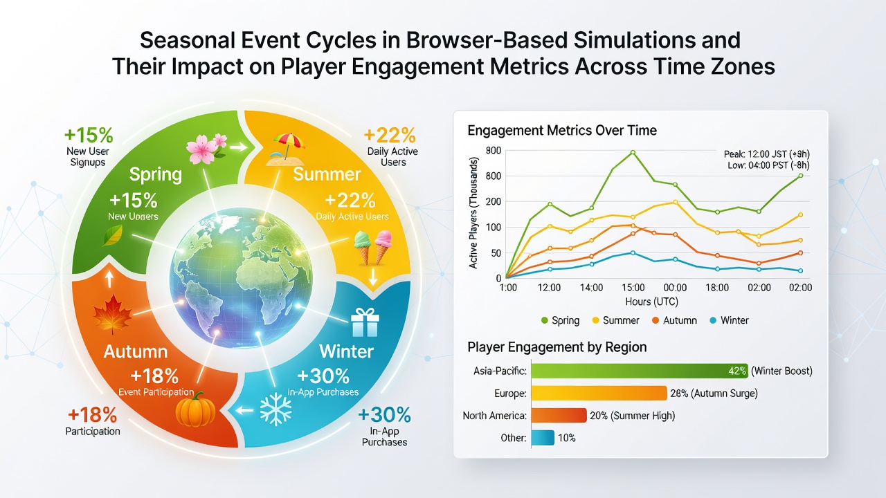 Global player engagement heatmap showing seasonal event spikes in browser simulations across multiple time zones