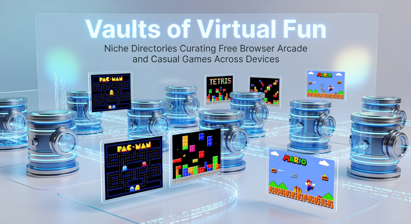 Colorful collage of browser-based arcade games displayed on laptops, tablets, and smartphones, highlighting seamless cross-device play in niche directories