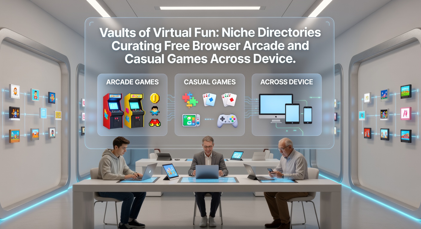 Screenshot of a niche directory homepage showcasing curated arcade games with thumbnails, filters for devices, and player ratings